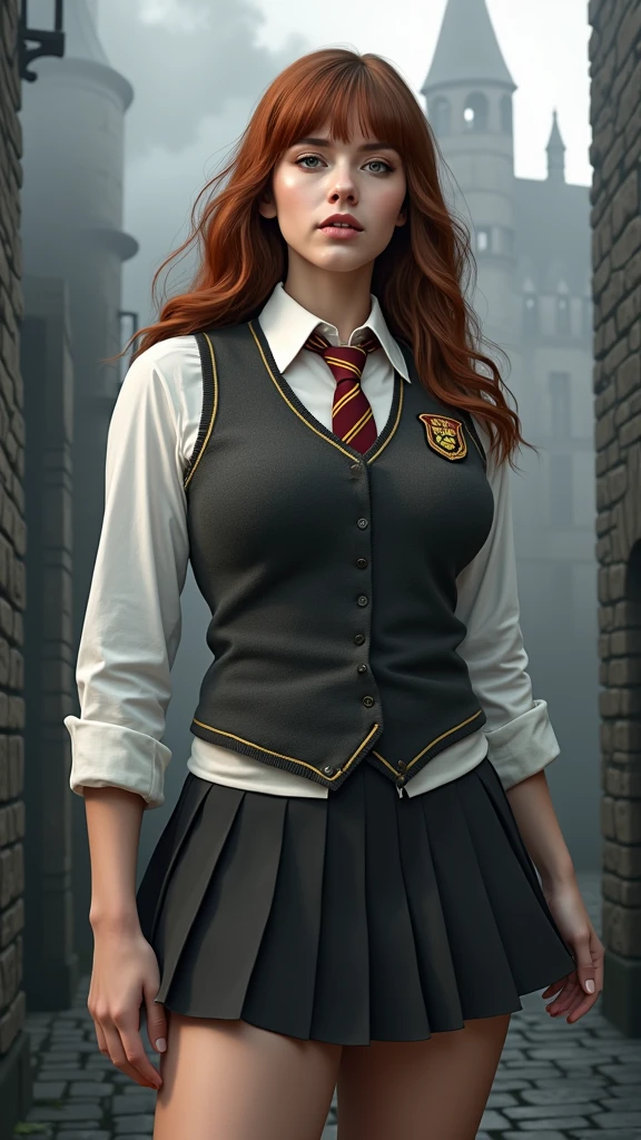 An illustrated movie poster, hand-drawn, full color,( a teenage Hogwarts student:1.4) ,(falda student corto plomo :1.4), (hogwarts school uniform:1.4), 18-years-old, female, wearing a charcoal vest and a pleated skirt, athletic hourglass figure, full wide hips, massive round butt, long shapely legs, ridiculously thick powerful thighs, vibrant eyes, deep dark auburn hair, thick shaggy bangs, flushed sun-kissed complexion, freckles, resembles Genevieve O'Reilly, standing in a foggy Hogwarts courtyard, surrounded by mist, graphite shading, stencil marks, airbrushed acrylic paint, masterpiece, close-up shot, in the style of the Deathly Hallows, high quality, (RAW photo, best quality), (realistic, photorealistic: 1.4), (extremely delicate and beautiful: 1.4), amazing, fine details, masterpiece, ultra detailed, high resolution, best illustration, best shadow, intricate, ( extremely intricate: 1.2), (exquisitely detailed skin), cinematic light, perfect anatomy, (cool color: 1.4), sharp focus, 8k UHD, DSLR, (Fujifilm XT3),(iluminación cinematográfica :1.4),( Hermione Granger:1.4), (Emma Watson: V2.1), (ojos de Emma Watson:1.5)