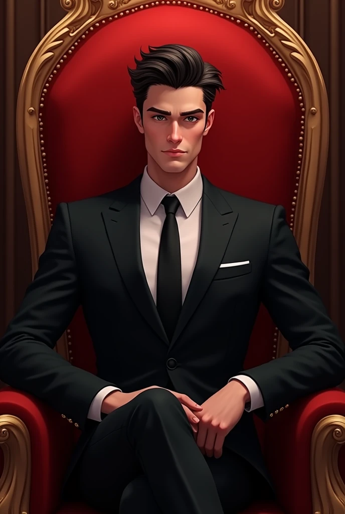 Handsome 25 yearsold semi animated man sitting in the red royal chair wearing black suit. Portrait picture.
