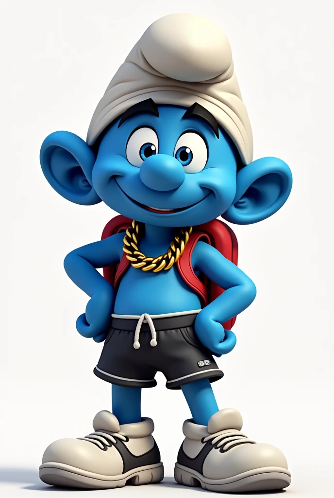 Create smurf mascot image, in the cool style with a gold chain around the neck, backpack on back, with player shorts