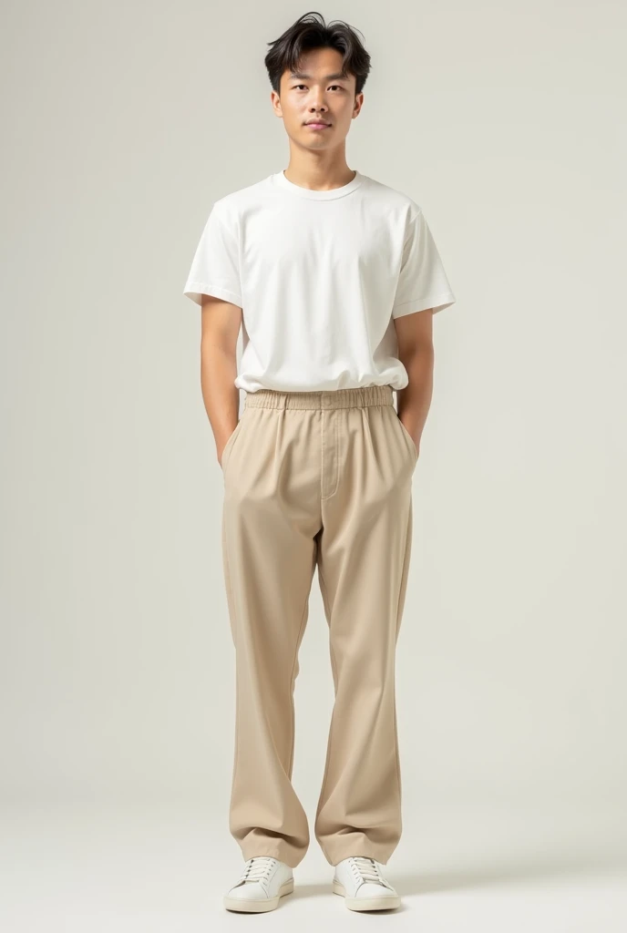 Make me a person with beige pants, white shirt and white shoes