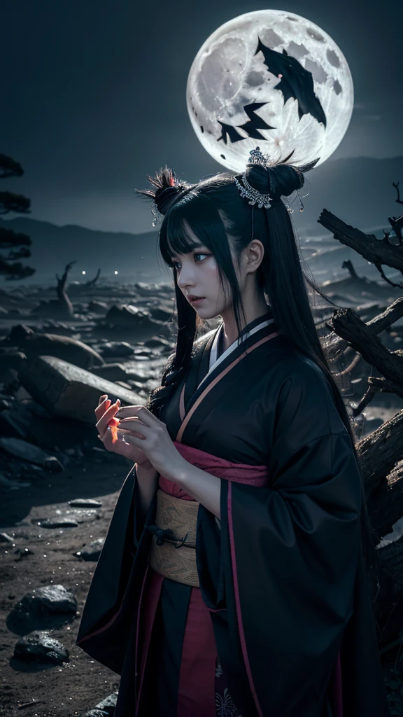 **Prompt:** Create an ultra-realistic 8K resolution image of Tsukuyomi, the Japanese moon god from Shinto mythology, reimagined as an ultimate horror figure while retaining the deity's iconic features. Tsukuyomi is depicted with long, flowing silver hair that seems almost spectral, cascading down in disheveled strands that move as if alive. Her eyes, once serene, now glow with an eerie, piercing light, reflecting the cold, haunting light of the moon. Her expression is no longer gentle but twisted with a mix of sorrow and malevolence, as if the weight of centuries of darkness and loneliness has corrupted her spirit.

She wears a tattered, ancient kimono, the once-beautiful fabric now frayed and stained with dark, ominous patterns resembling bloodstains and shadows. The kimono's edges flicker like dying embers, as if consumed by an otherworldly fire. Her hands, skeletal and clawed, grasp a staff adorned with a crescent moon that glows with a sickly, unnatural light.

The background is a desolate, moonlit landscape, with twisted, leafless trees and a sky filled with swirling, ominous clouds. The full moon hangs low, casting an unsettling, cold light over the scene, which is filled with shadows that seem to move and whisper in the darkness. The atmosphere is one of dread and terror, as Tsukuyomi's transformation into a nightmarish horror figure embodies the terrifying beauty of the moon's darker side.
