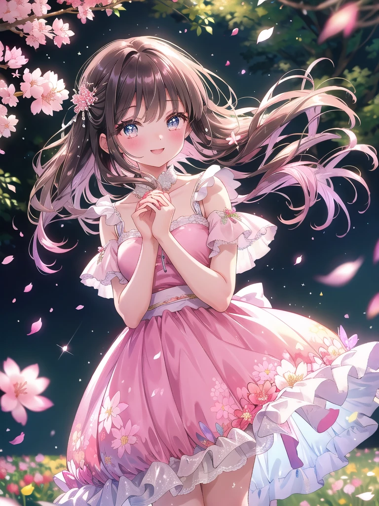 ((8k, Highest quality, masterpiece: 1.3)),Ultra-high resolution,(1 girl, alone), (Color changing eyes, Ultra-detailed, Expressive brilliance, Glitter, Glowing Eyes), Highly detailed eyes, Highly detailed face, Random Hair, ((pastel colour))Visualize a woman standing in a vibrant park during a spring afternoon, with cherry blossom petals gently floating in the air. She’s holding an abundant bouquet of pastel-colored peonies, tulips, and baby’s breath, wrapped in soft pink tissue paper with a satin ribbon. The bouquet is voluminous, spreading wide across her chest, creating a cheerful and welcoming presentation. She’s dressed in a light, knee-length sundress with a floral pattern, the fabric softly swaying in the breeze. Her long, dark hair cascades over her shoulders in loose waves, with a small, delicate hairpin holding back one side. She faces the camera directly, her smile broad and radiant, her eyes sparkling with joy and warmth. She extends the bouquet forward with both hands, her posture slightly leaning in, conveying a sense of excitement and anticipation. The background includes cherry blossom trees in full bloom, lush green grass, and soft sunlight filtering through the branches, with gentle sparkles enhancing the festive and joyous atmosphere.