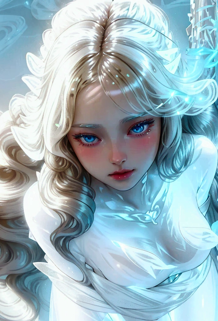 ((jewel_light element)), (translucent glowing body_wearing a glowing white blouse), (girl made of light: 1.2, delicate features and long wavy calm blonde hairstyle with glowing), (minimalism: 0.5), (frontal close-up angle above the waist: 1.3), 4K, HDR, acid graphics, fantasy artwork, [detailed and vivid face: 0.33], (white translucent glowing body and hair: 1.3), a beautiful glowing woman with a silhouette outline, restrained elegance is revealed... The calm and dignified atmosphere provides a subtle luxury, stylish pose, fluorescent lights, glowing tattoos, bioluminescent tattoos, glowing textures,