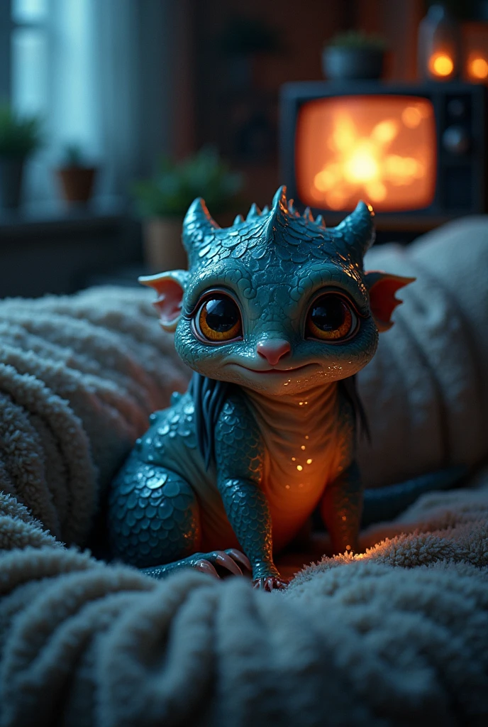 (embedding: cute) Sitting on the couch with glowing, wet, and sticky scales, ((long hair)|(claws)), a cute face with frightened ((big eyes)|(blue eyes)) and cute lips under the dark glow of the TV, surrounded by comfy pillows and the (subtle)|(intense) smell of the room.