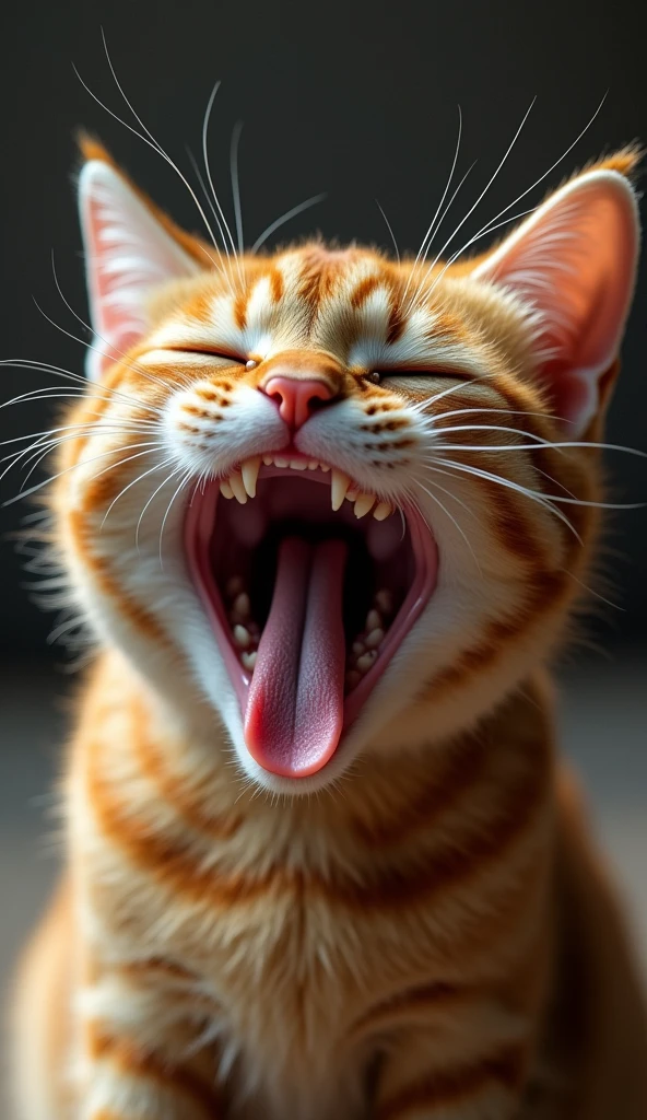 Close-up of a laughing cat: A hyper-realistic close-up of a cat with its mouth open wide, captured mid-laugh. The cat's fur is meticulously detailed, with individual strands visible. The cat's eyes are squinted with joy, and you can see the texture of its tongue and teeth. The lighting is soft and natural, highlighting the textures of the fur and whiskers. The background is blurred with a shallow depth of field, making the cat the clear focal point. The overall composition should make it indistinguishable from a real photograph.