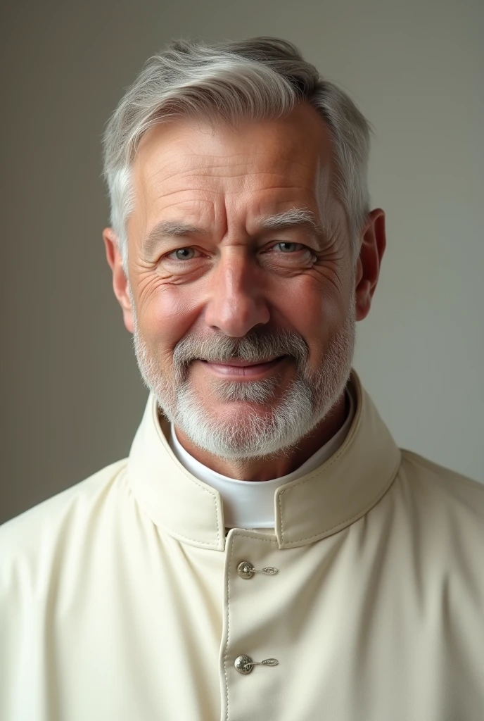 Create a realistic and detailed image of a bishop from the bust up. The bishop must be a white man, with angelic features and an elegant, well-dressed appearance. The focus should be on a calm expression and sophisticated attire.. The bishop should be dressed in a formal tunic or jacket., that conveys a sense of dignity and respect, but that is not explicitly associated with a specific religion. The color of the suit can be a neutral and elegant tone., like white, cream or light gray.

must be around 40 years old, muka: The expression should be calm and inspiring., with a gentle smile and eyes that convey wisdom and compassion.
hair and beard: Hair must be well groomed, preferably in a classic and understated style. If you choose a beard, it must be well trimmed.
Lighting: Use soft, diffuse lighting to highlight facial features and the shine of the outfit., creating an angelic effect.
fund: The background should be neutral and subtle., to keep the focus on the bishop. It can be a solid color or a lightly textured background that doesn&#39;t distract attention..
more than 3 images, he praying
