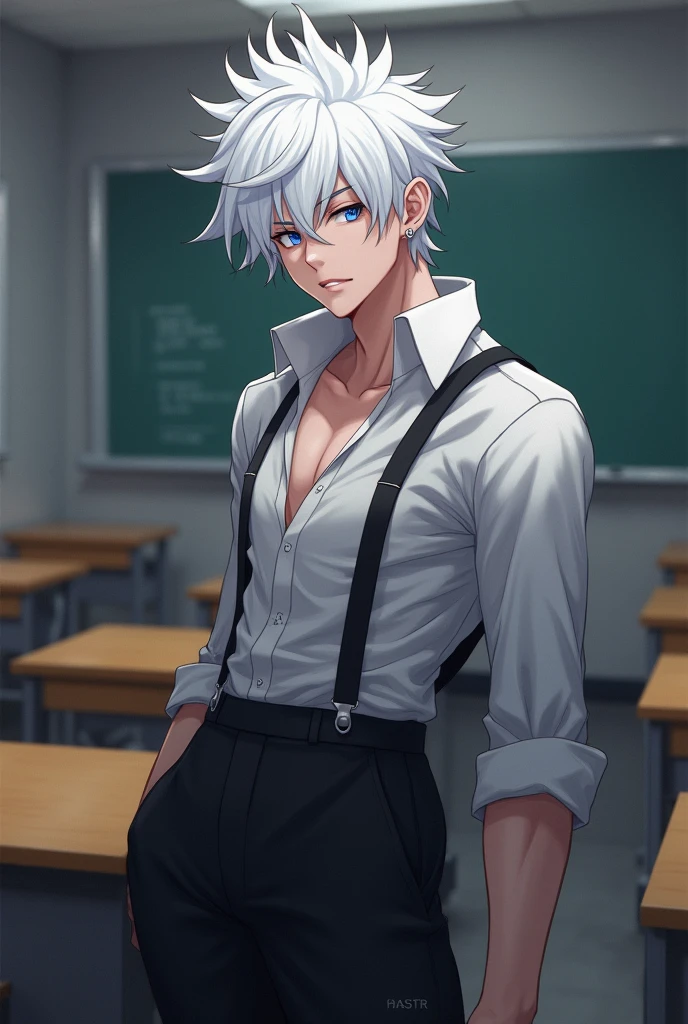 anime character, White hair, spiky hair, Pale skin, blue eyes, white eyelashes, male, muscular, white small earrings, big glossy lips, classroom, grey eyebrows, black baggy outfit