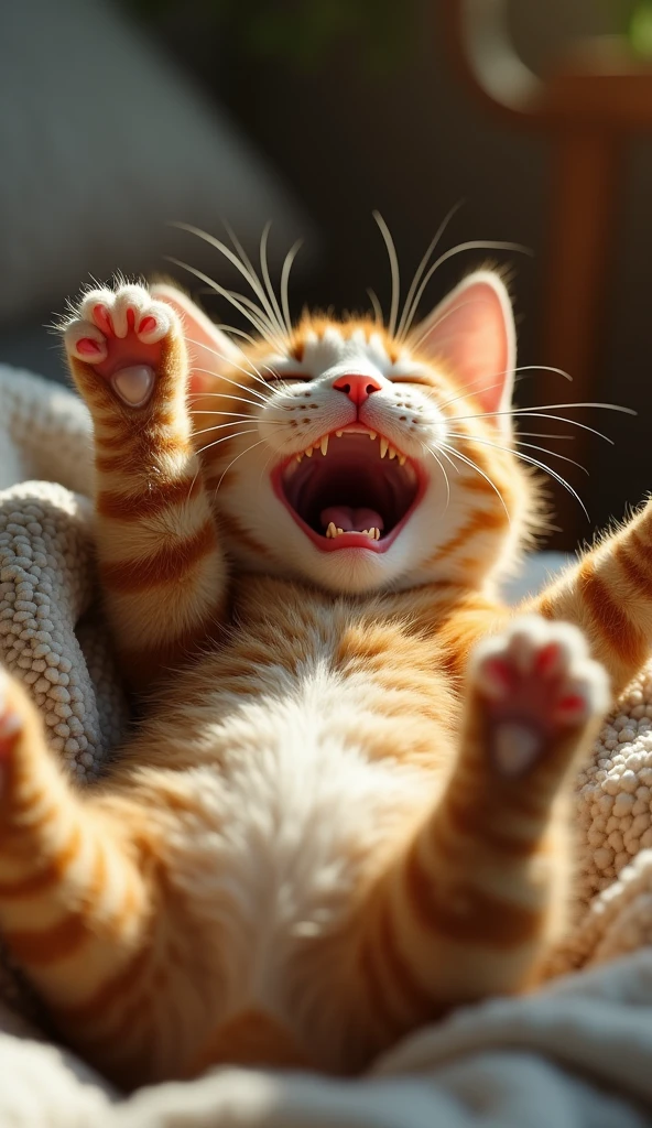A cat lying on its back, laughing: A lifelike image of a cat lying on its back with its paws in the air, caught in a moment of pure joy as it laughs. The fur should be detailed, showing a realistic mix of colors and patterns. The cat's eyes are half-closed, and its mouth is open in a wide grin, showing sharp teeth and a small pink tongue. The lighting is warm, casting soft shadows that add depth and realism. The background is a cozy, blurred interior scene with natural textures, making the cat blend seamlessly into a real-world environment.