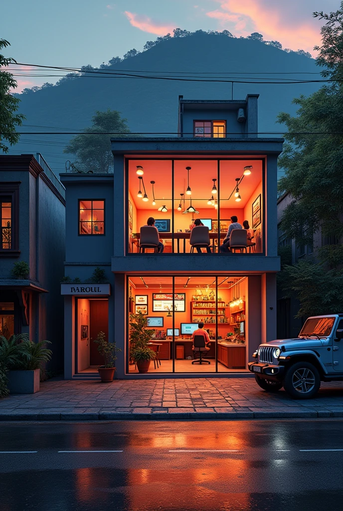 Graphic design studio in front,Indian city,evening orange sky,greenish hill background,Jeep parking outside,wetroad