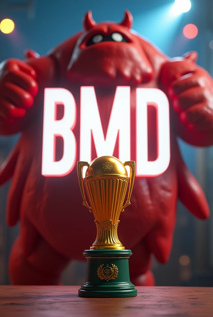 "Create an image with Roblox background . Add the text 'BMD' in large, bold letters in the middle of the image, overlaying the Roblox logo. Below the text 'BMD', insert an image of the Brasileirão trophy. Make sure the text and cup are clearly visible and prominent.."
