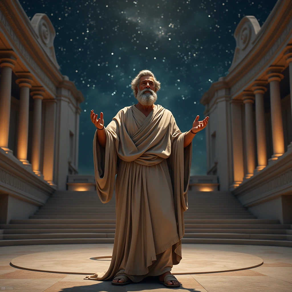 "Una realistic image de Platón emseñando sobre el origen del universo" (realistic image)