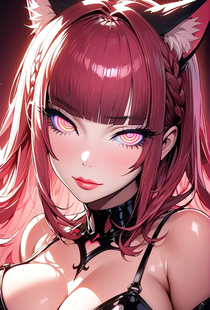 1girl, spiral eyes (masterpiece), best quality, highly detailed face, dark dungeon background, succubus, womb tattoo, black latex, (SHARP details), 4k, highly detailed, expressive eyes, SHARP detail expressive eyes, (SHARP detail perfect face), (cat ears), cat girl),maroon red hair,(shiny peach lipstick) (pink eyes), long hair, detailed face, large breasts, long eyelashes, mature, (smirk, closed lips, big plump lips, eyeshadow) shiny skin, beautiful eyes,(detailed eyes, sharp eyes, clear pupils:0.8), blunt bangs, wispy bangs, naughty look, butt, thighs, cleavage, pink theme, cutest face, braided hair