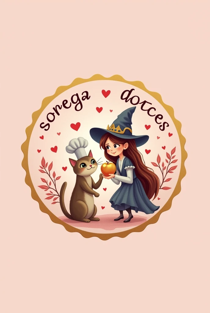 {
"prompt": "Design a logo for a company named 'Sorega Doces'. The background should be a soft baby pink, with details in red, white, and gold. Incorporate elements from the Lover, Creator, and Magician archetypes. Include a cat wearing a chef's hat, surrounded by hearts. Add a female mage or sorceress holding a golden apple. The entire design should be enclosed within a circular gold frame. The overall style should be whimsical yet elegant, blending magic and sweetness in the design.",
"size": "1024x1024"
}
