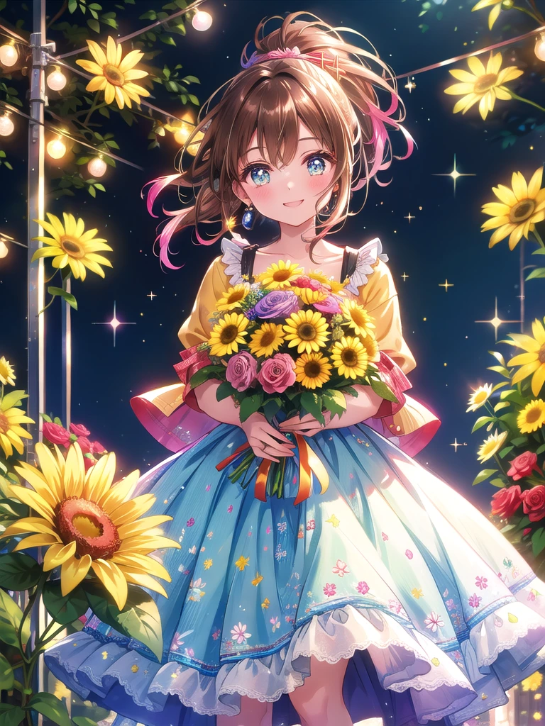 ((8k, Highest quality, masterpiece: 1.3)),Ultra-high resolution,(1 girl, alone), (Color changing eyes, Ultra-detailed, Expressive brilliance, Glitter, Glowing Eyes), Highly detailed eyes, Highly detailed face, Random Hair, ((pastel colour))Picture a woman in a bustling flower market, surrounded by a myriad of colorful flowers under a clear blue sky. She’s holding a large bouquet of vibrant pink roses, yellow daisies, and lush greenery, wrapped in natural brown kraft paper with a twine bow. The bouquet is abundant and lively, with flowers that radiate joy and warmth. She’s dressed in a casual denim jacket over a light, patterned sundress, her hair styled in a loose ponytail with a few strands framing her face. She’s standing slightly angled to the right, but her gaze is fixed directly on the camera, her smile wide and beaming, her eyes shining with genuine happiness. She extends the bouquet with both hands, leaning slightly forward in a friendly and eager gesture, clearly showing her excitement to give the bouquet. The background features vibrant market stalls with hanging plants and string lights, with lively sparkles enhancing the joyful and energetic atmosphere of the scene.