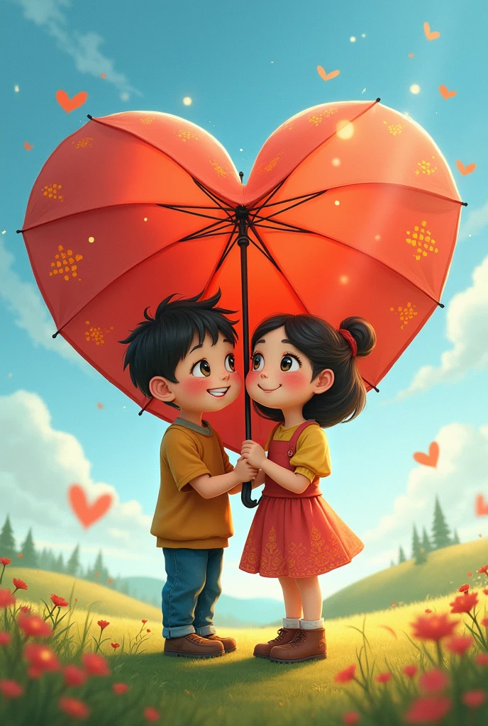 children under an umbrella with hearts