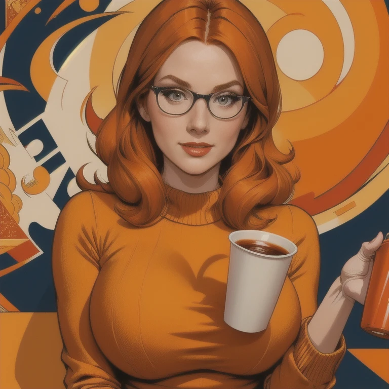 a beautiful girl with long orange hair wearing a big orange sweater, detailed velma, holding cups, 1 girl, best quality, 4k wallpaper, volumetric lighting:1.5, nomospheric:1.5, best artist, happy expression, big breasts, looking at viewer, alone, indifferent
