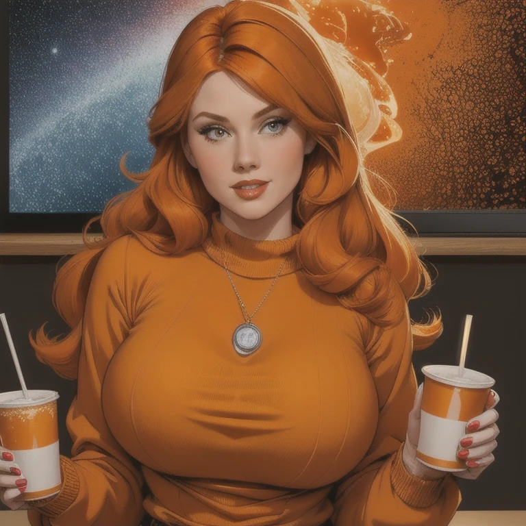 a beautiful girl with long orange hair wearing a big orange sweater, detailed velma, holding cups, 1 girl, best quality, 4k wallpaper, volumetric lighting:1.5, nomospheric:1.5, best artist, happy expression, big breasts, looking at viewer, alone, indifferent