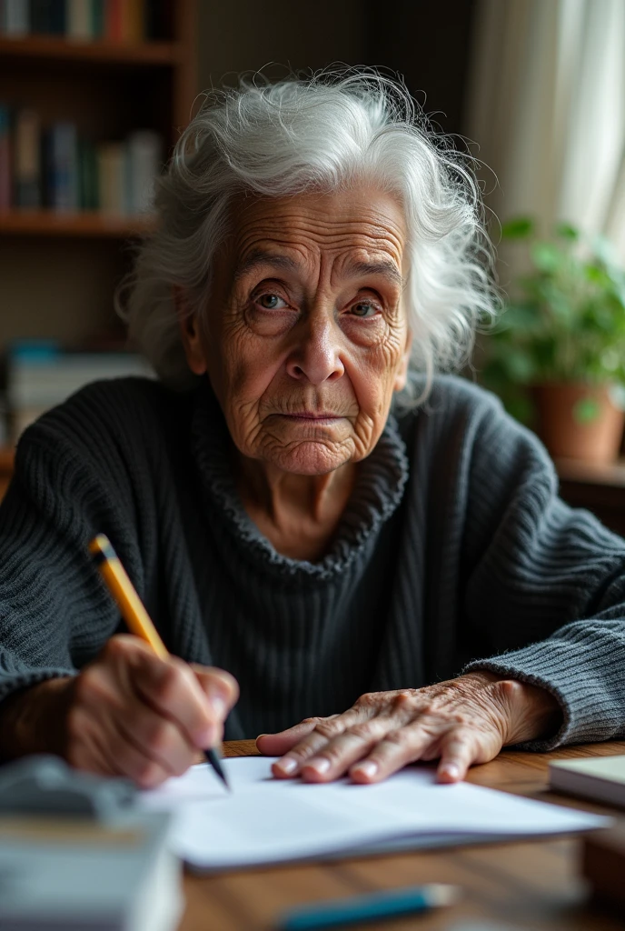 General shot of Maria Nieves, a little older, writing at his desk. The passage of time is noticeable, but his expression remains firm and determined.