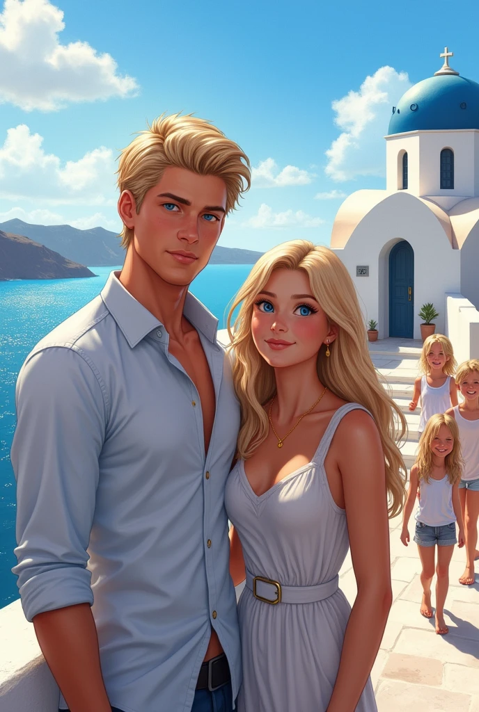 Blond man with blue eyes next to a young beautiful blonde girl, long hair. With three  behind Santorini.
