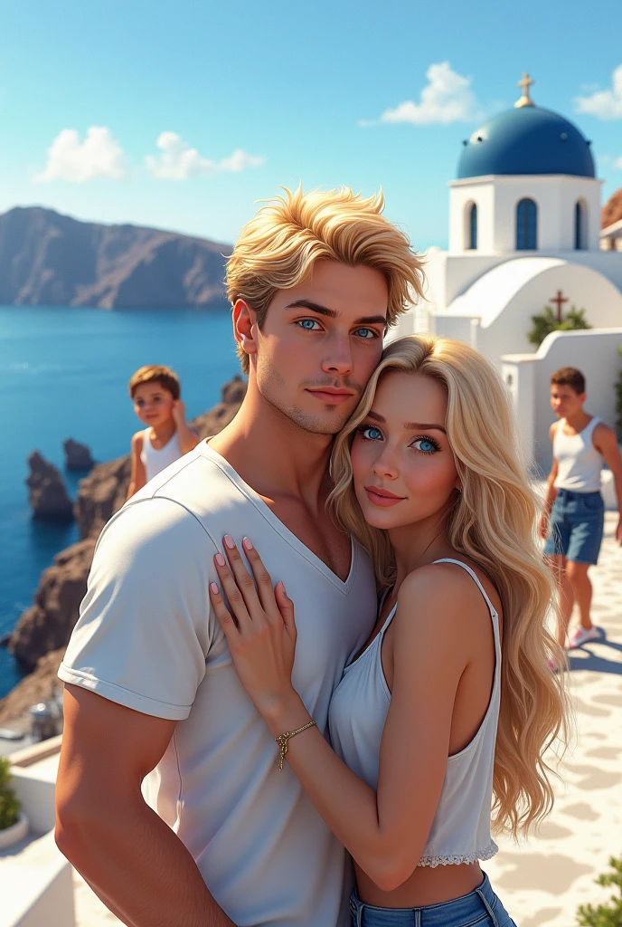 Blond man with blue eyes next to a young beautiful blonde girl, long hair. With three behind Santorini.