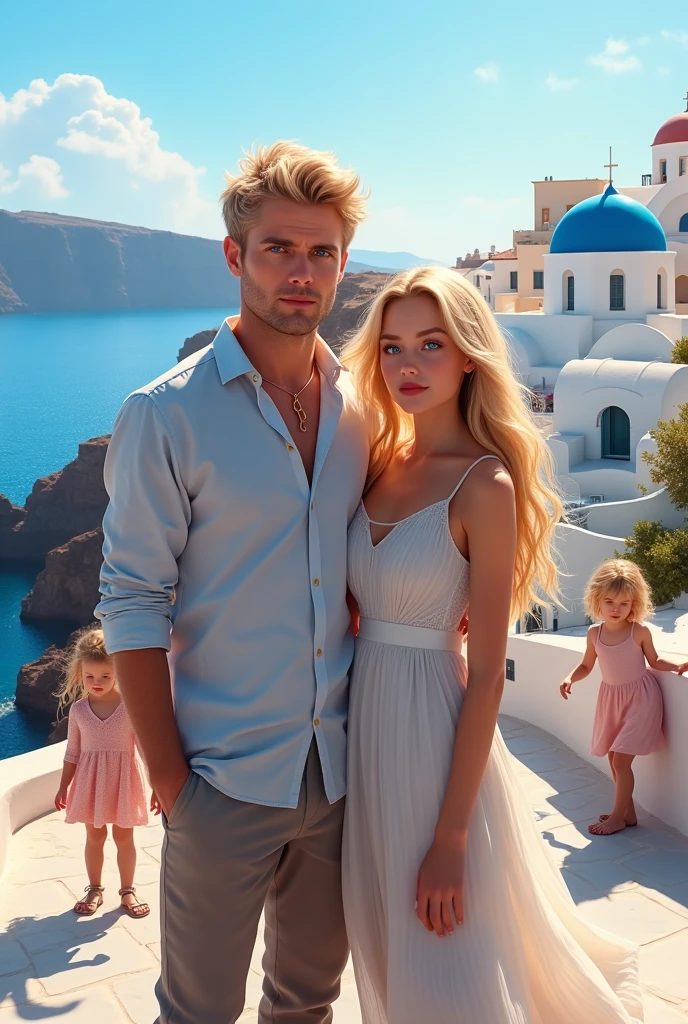 Blond man with blue eyes next to a young beautiful blonde girl, long hair. With three small children behind Santorini.