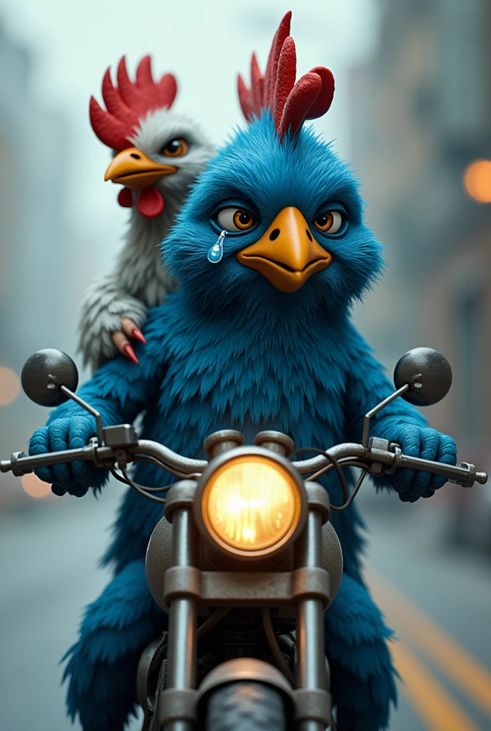 Blue chicken on motorcycle crying with chicken on passenger