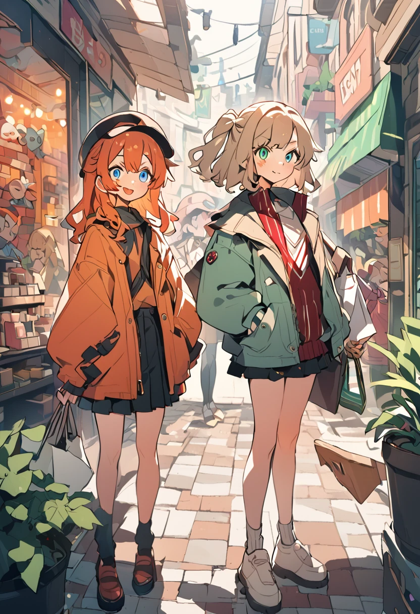 (Misty_pokemon) (Berry Short, Orange Hair, one side up hair , Big Green eyes) . serena (light brown hair, Blue eyes, hat) Friend, girls, pokemon, funny , buy , fashion , beautiful girls , colorful background, high quality, 8k, 2 girls , beautiful Misty , shopping,