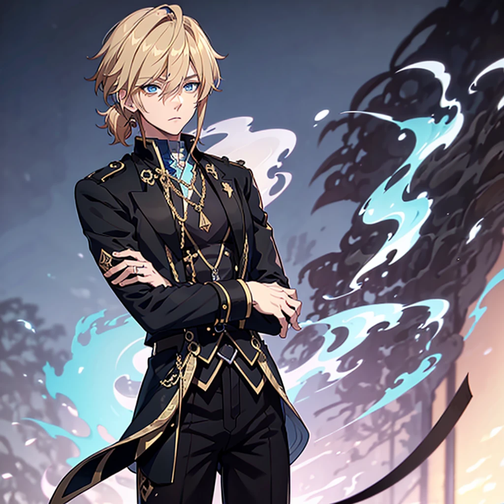 Anime attractive man, 20 year old, blonde hair, very very short ponytail, tall, muscular, solo, one person, light blue gold-accented, high-collared dress shirt, black choker, dark blazer with gold lining and buttons unbuttoned, long dark overcoat with a fur trim, rolled up sleeves, rolled up sleeves, rolled up sleeves, rolled up sleeves, no sleeves, forearms.