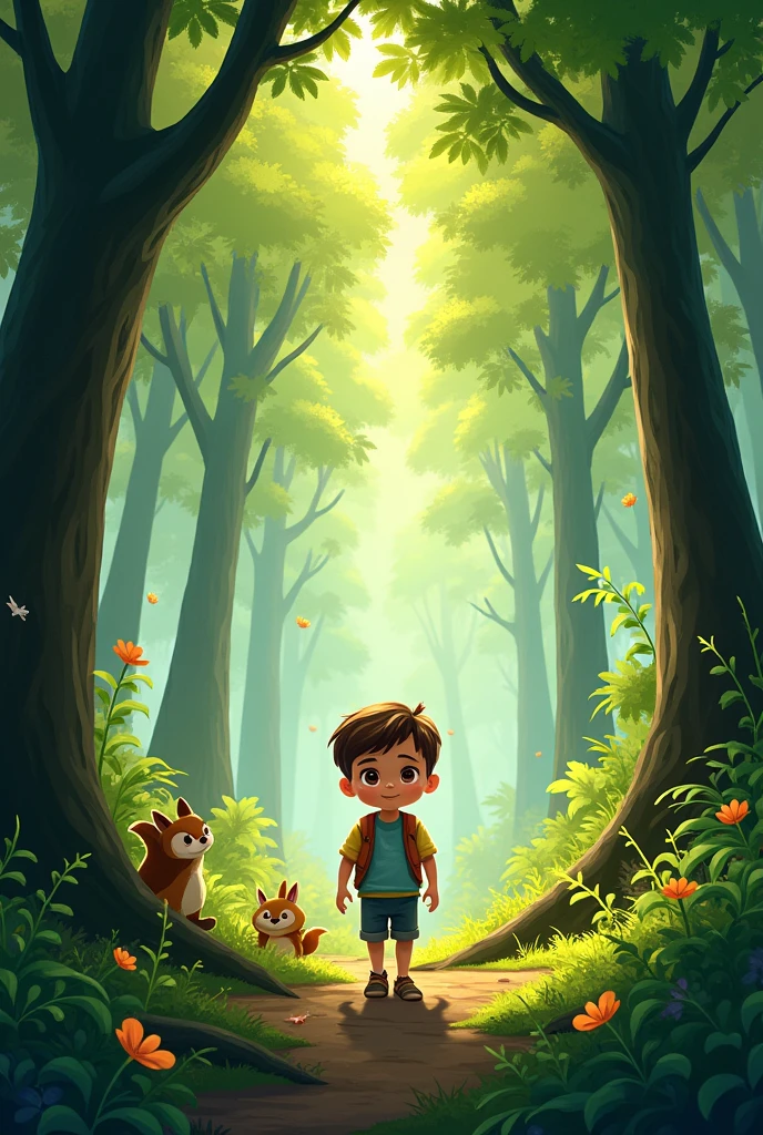 Lucas exploring the woods, with details of trees and small animals