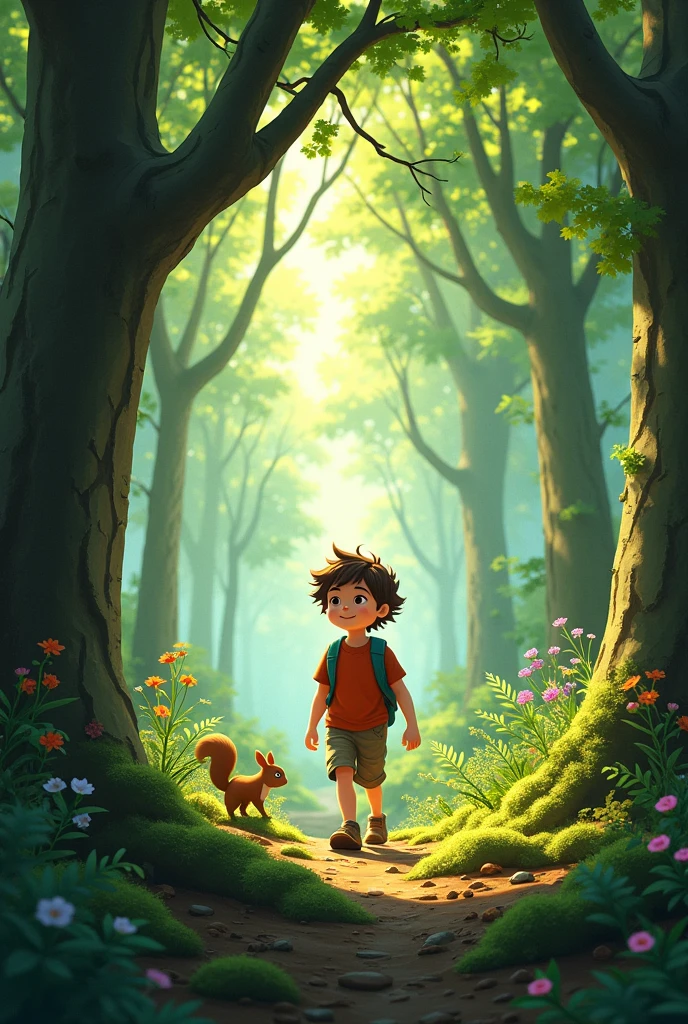 Lucas exploring the woods, with details of trees and small animals