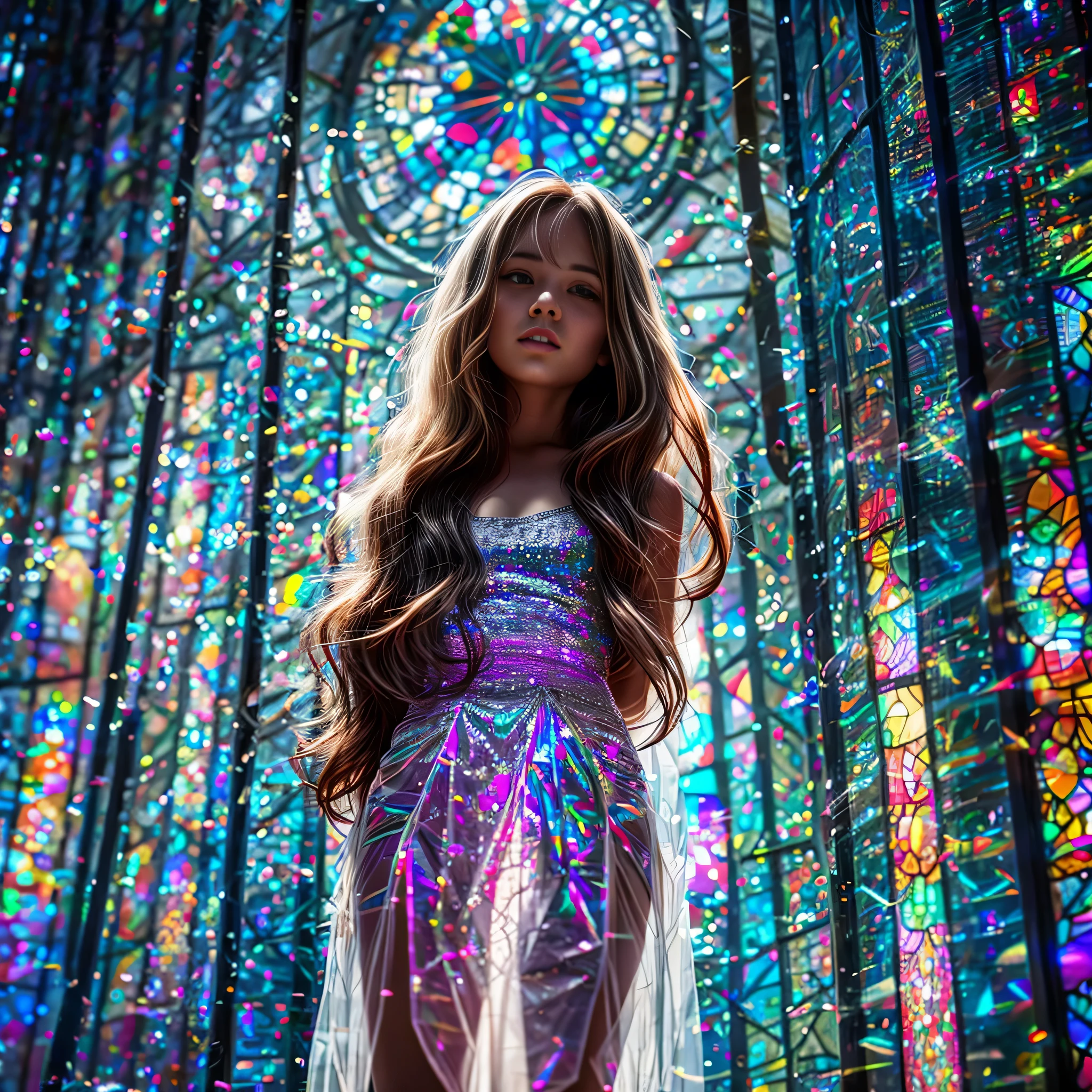 (Cathedral seen from below:1.28) (Zoom Layer) High quality 8K masterpiece of ((professional foto)), (((Clarisse of Cagliostro))) (Detailed white wedding dresses), chain, (((Extremely detailed KAWAII face))) {((veiled face))|hair blonde|(BuleEyes made)featuring(sparkling highlights:1.28)}, The bottom is far away (((elaborate stained glass windows))) Rainbow glass, {(Mystic Vision)|charming atmosphere|confusion|(GOD)|Tyndall effect}, Radiant PearlSkin featuring Transparency, (expose:0.39)