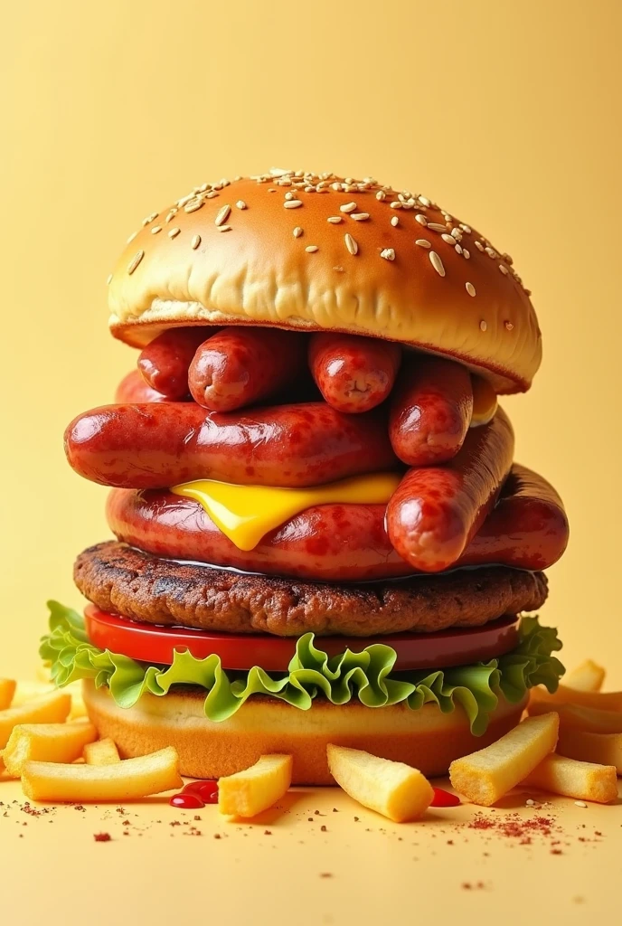 Generate a combination of hamburger and salchipapa, that it is in a funny way to make a SAUSAGE BURGER meme You can make it funnier by showing the sausage and burger all mixed with a muffin bread
