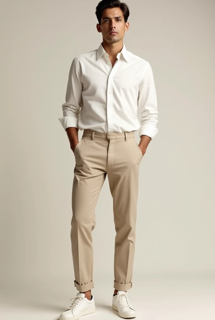 Make me a person with beige oxford pants, white shirt and white shoes