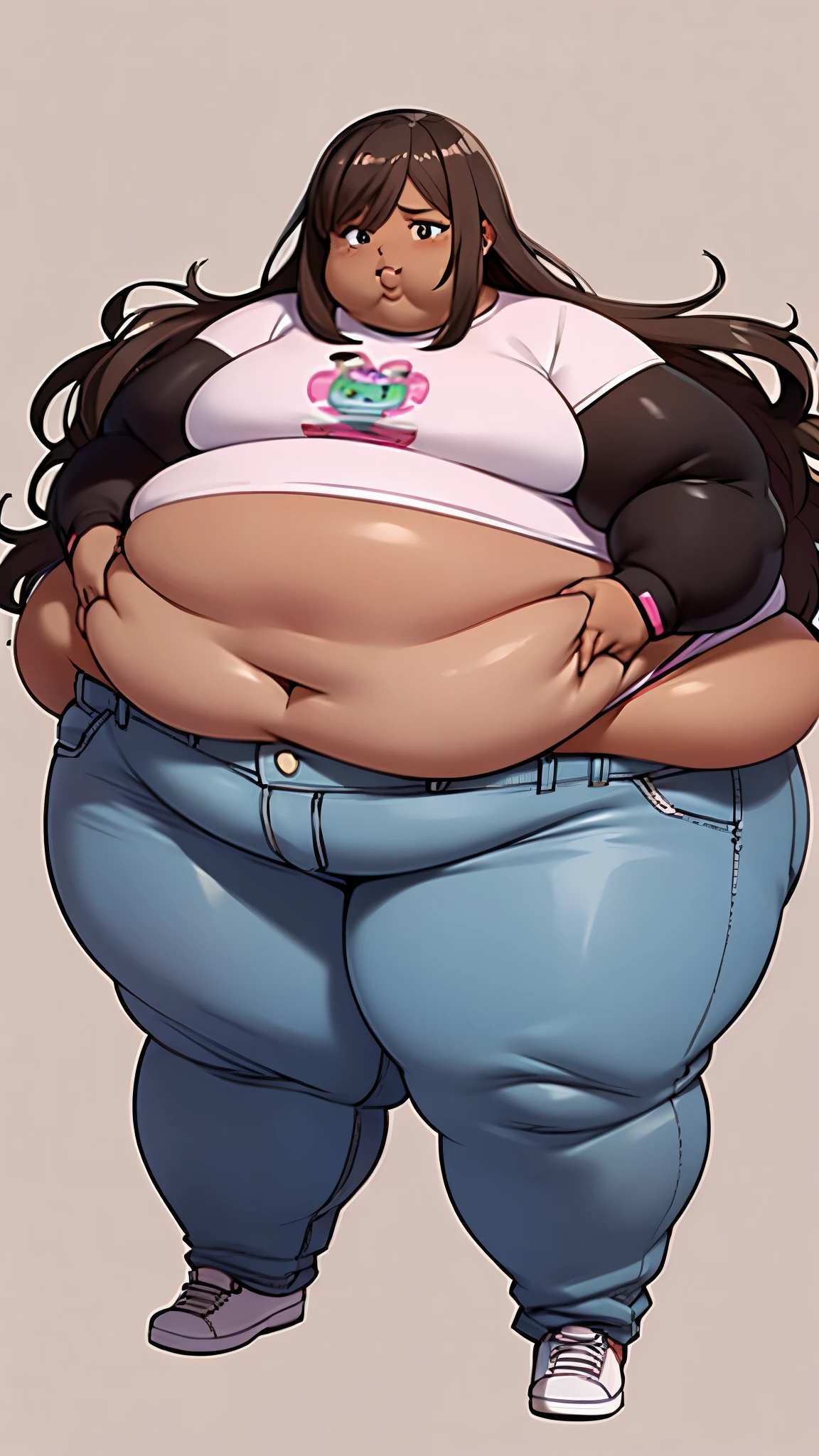 Extremely obese African-American woman, very long brown hair , belly hanging, ((extremely obese)), belly sagging, wearing a pink crop top with long sleeves and loose jeans, (((dark brown skin))), fat blob, fat arms, fat face, fat limbs