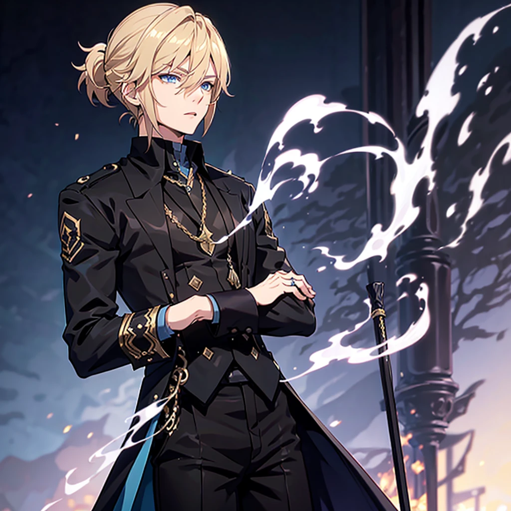 Anime attractive man, 20 year old, blonde hair, very very short ponytail, tall, muscular, solo, one person, light blue gold-accented, high-collared dress shirt, black choker, dark blazer with gold lining and buttons unbuttoned, long dark overcoat with a fur trim, rolled up sleeves, rolled up sleeves, rolled up sleeves, rolled up sleeves.