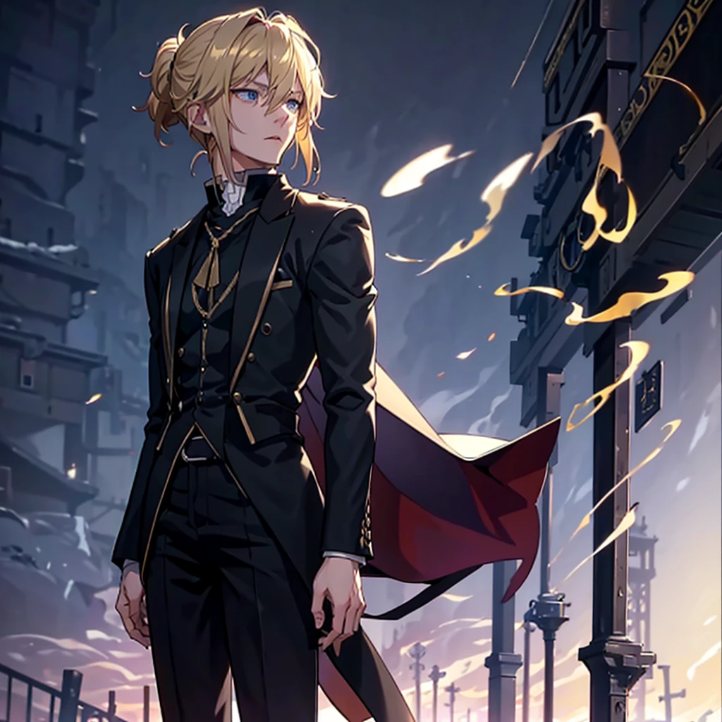 Anime attractive man, 20 year old, blonde hair, very very short ponytail, tall, muscular, solo, one person, light blue gold-accented, high-collared dress shirt, black choker, dark blazer with gold lining and buttons unbuttoned, long dark overcoat with a fur trim, rolled up sleeves, rolled up sleeves, rolled up sleeves, rolled up sleeves.