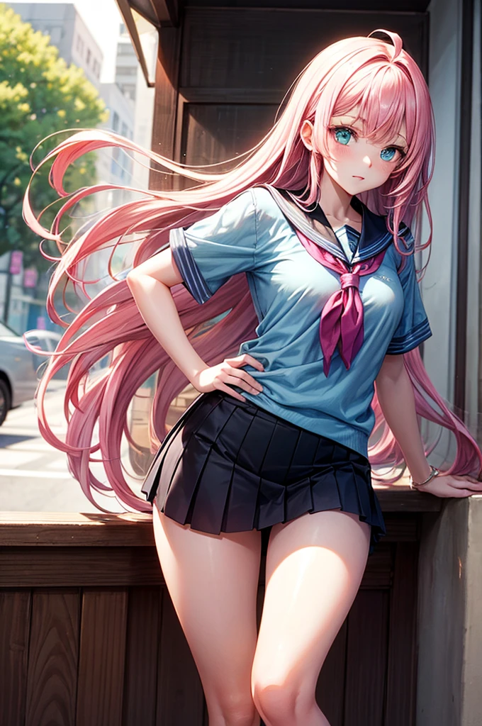 Shikimori has silky pink hair, blue-green eyes and a thin body, tall ager, with EXTREMELY LONG hair, loose, bright pink ones that extend almost to her butt, blue eyes and pale skin. She is almost always seen wearing her school's standard uniform., which consists of a white t-shirt underneath, covered by a black sweater, and a gray skirt underneath that only reaches her thighs. She wears long navy blue socks that almost reach her knees and fancy brown shoes on her feet..