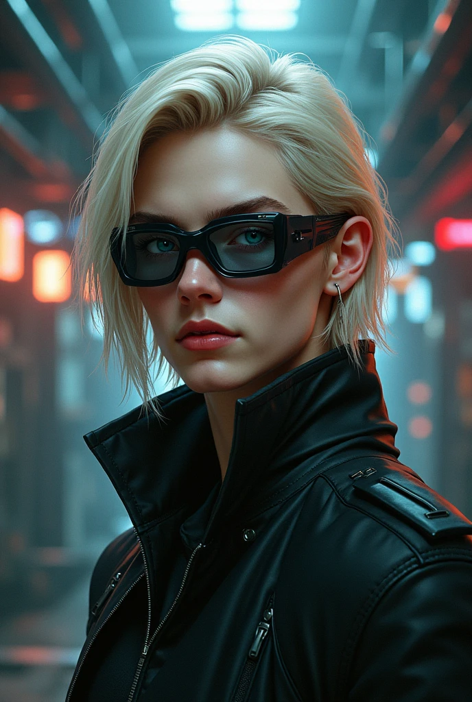 a blond cyberpunk man wearing glasses only on his right eye. realistic 2d style