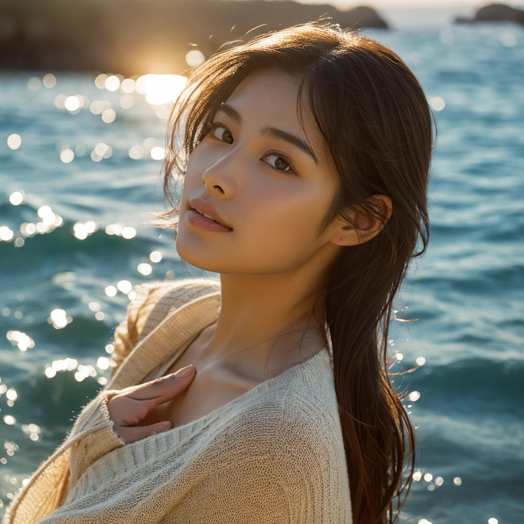 A hyper-realistic image of a single Japanese woman in her early 20s, captured with the nostalgic warmth and pronounced graininess of a film camera, showing her from the shoulders up as she stands on a sunlit beach. Her skin has a warm beige tone with a natural, visibly rough texture that includes pronounced pores, fine lines, and subtle imperfections such as small blemishes, slight unevenness, and a hint of sun exposure, contributing to the authenticity of her appearance. The texture of her skin is intentionally less smooth, with a tangible roughness that enhances the realism, making the surface appear slightly weathered by the elements. The soft, diffused natural light illuminates her face and shoulders with a gentle touch, casting shadows that subtly reveal the unevenness of her skin. Her straight, glossy black hair flows naturally in the ocean breeze, framing her face, and her deep brown eyes reflect the soft sunlight and the shimmering sea. The film camera effect amplifies the grain and texture, creating a warm, nostalgic atmosphere while maintaining the deliberately rougher, less polished texture of her skin. The composition, focused on her upper body, captures the serene elegance of the beach setting, highlighting the natural interaction of light and shadow on her skin. This combination of a rough, realistic skin texture, soft natural light, and the grainy film-like qualities ensures that the image presents an authentic, lifelike portrayal of the woman, centered on her face and shoulders.