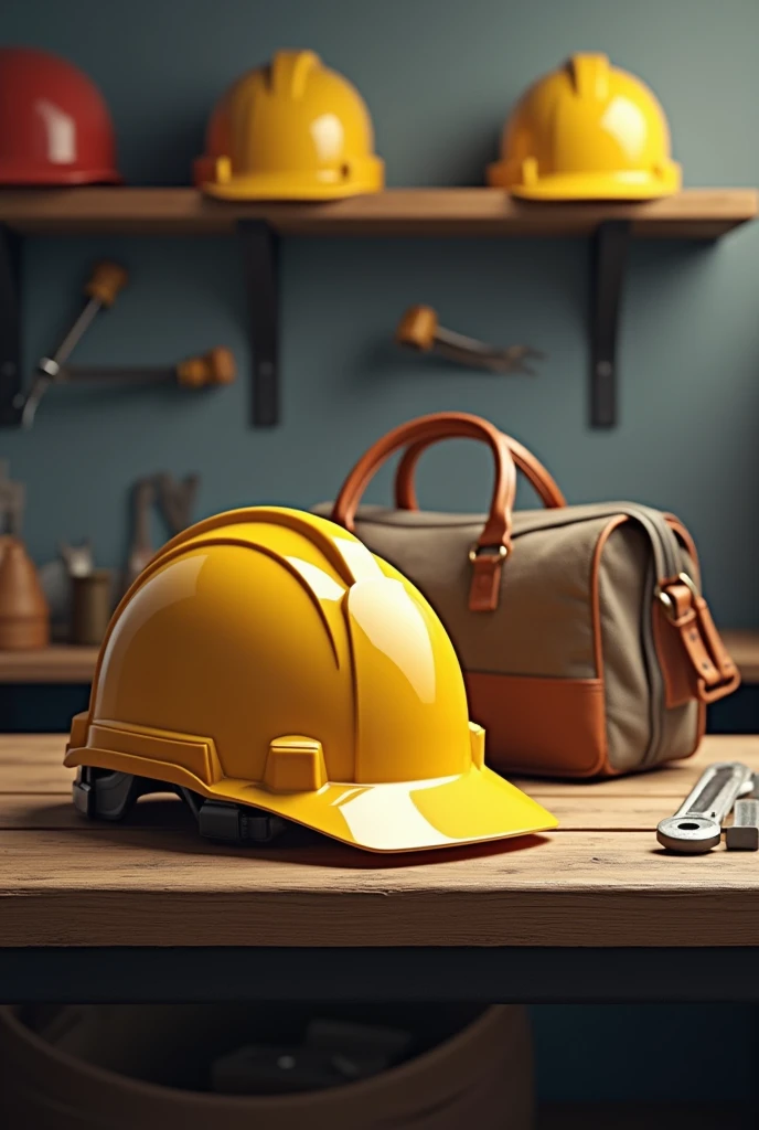  A safety helmet on the table with a tol bag beside it