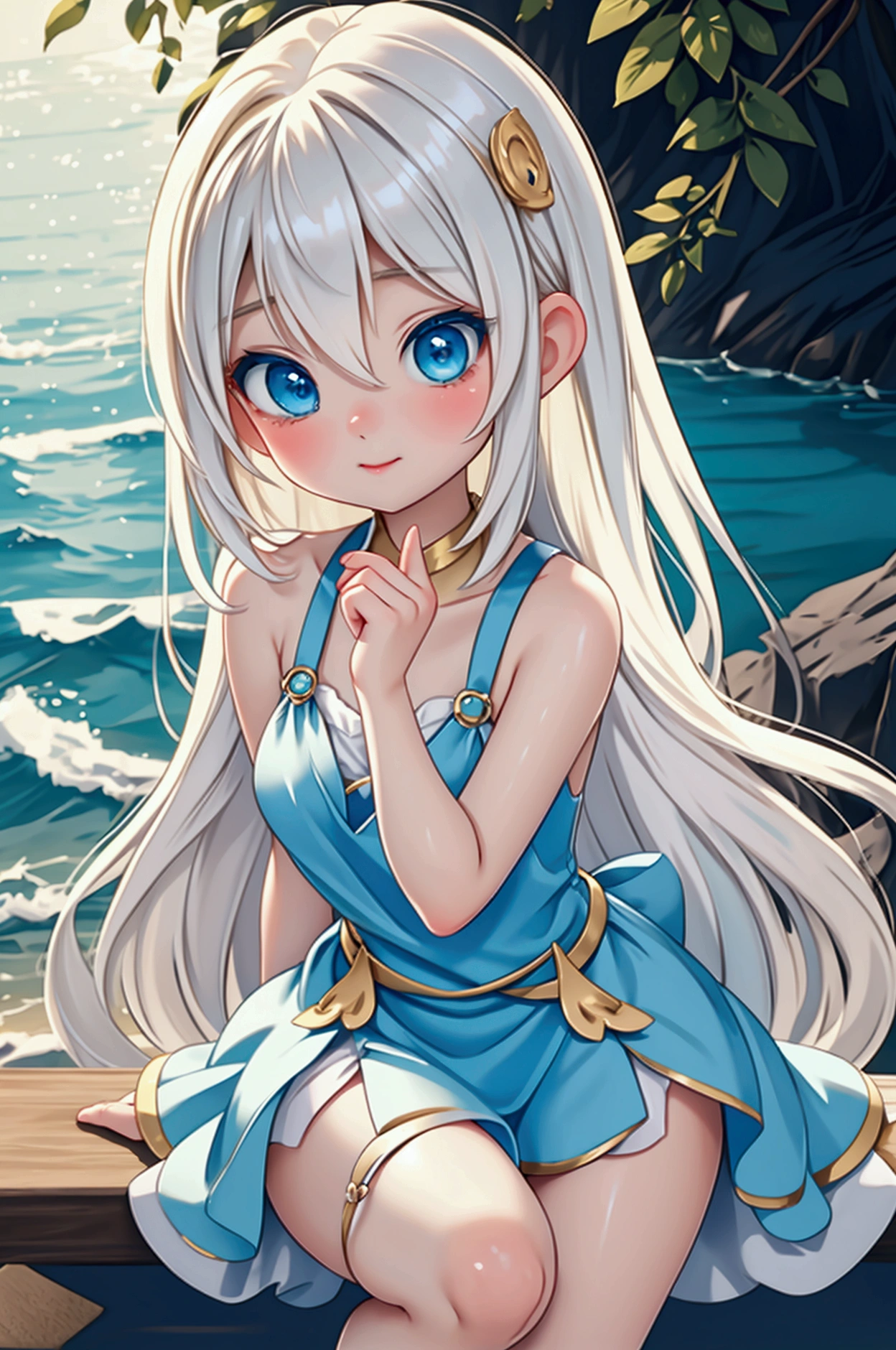 Late 20s European woman、Anime-style illustrations。Short stature with a youthful appearance、Fair skin。Short stature with a youthful appearance、Long, bright golden-white hair、Big Blue Eyes。Delicate and slender figure。Wearing a fairy-like elegant dress。Cute expressions and gestures。The background is a sunny beach。（Enjoying the sea up to his knees。）Overall delicate and dreamy atmosphere。High-quality digital art。
