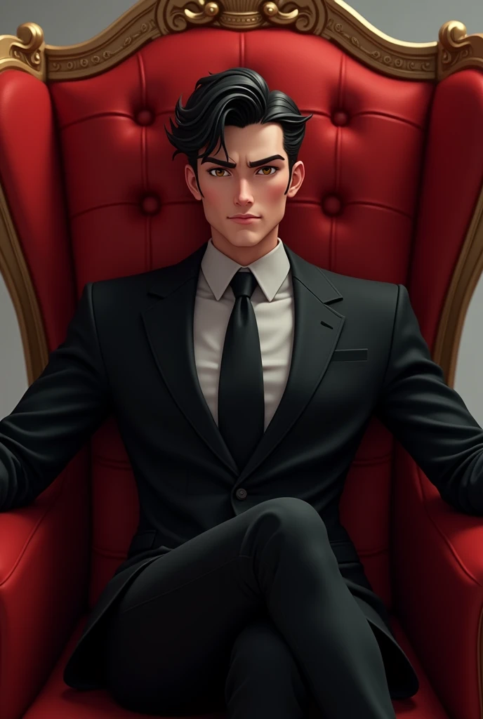 Handsome 25 yearsold semi animated man sitting in the red royal chair wearing black suit. Portrait picture.
