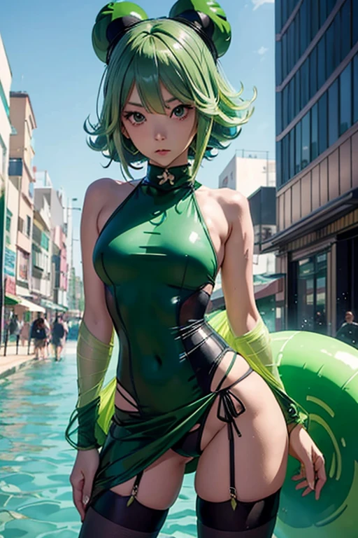 a cute yuna (cosplay of Tatsumaki, foam green hair, sexy slinky black iconic dress, high split up thighs (panties partly exposed)), she is looking annoyed while doing sexy poses, ruined city set
