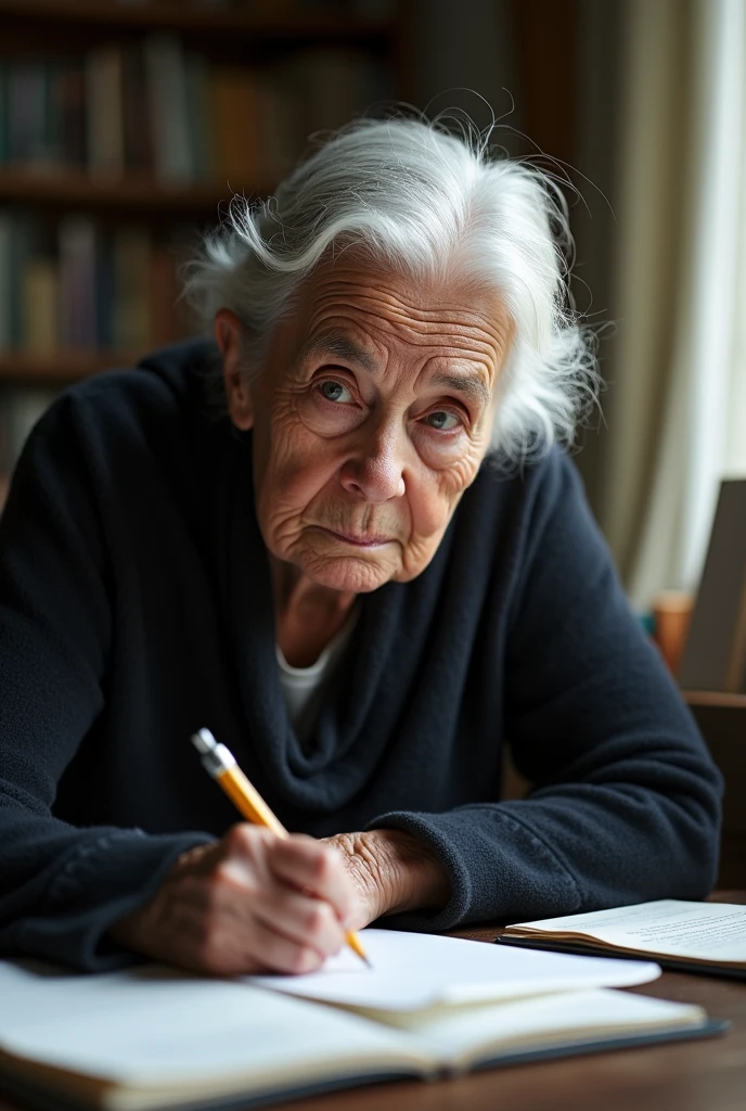 General shot of Maria Nieves, a little older, writing at his desk. The passage of time is noticeable, but his expression remains firm and determined.