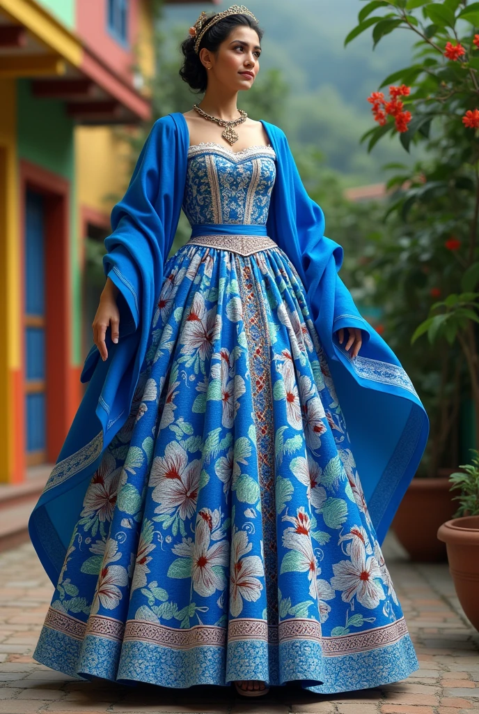 Nicaraguan folk costume with blue and white drawing and scarf