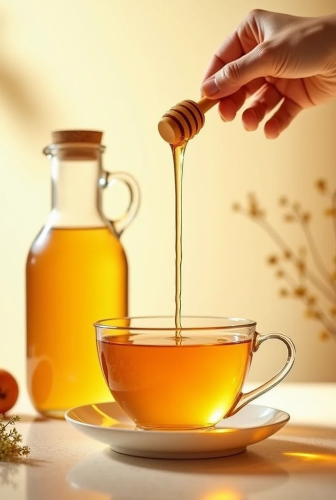 Eye-catching advertising poster of a jar of honey pouring into a cup of tea, that reflects and shows that we sell natural products 

