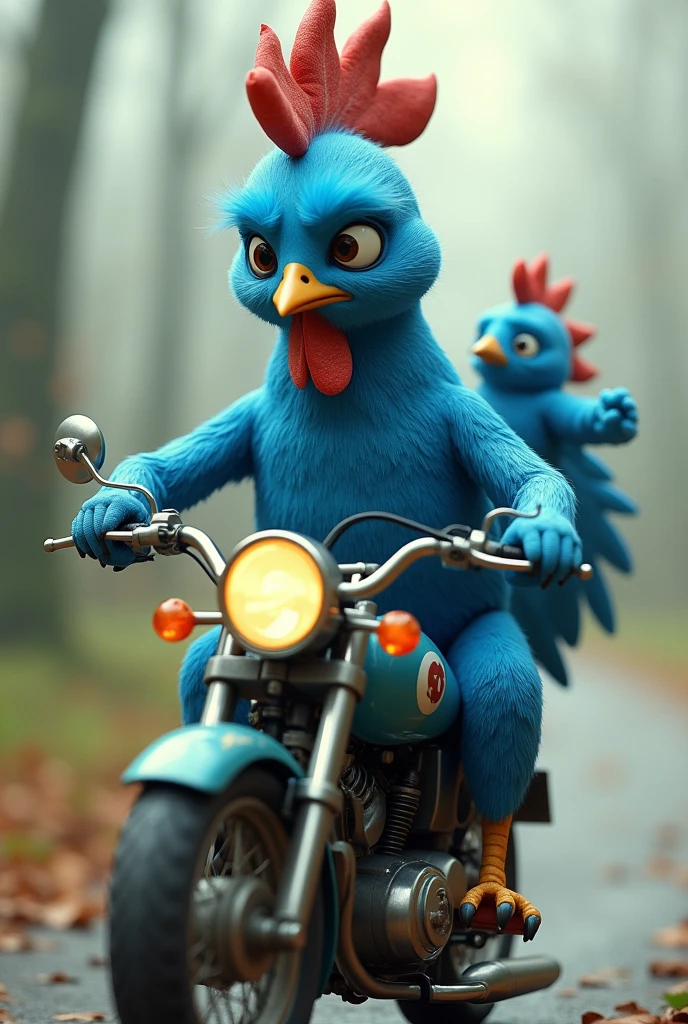 Blue chicken on motorcycle crying with blue bird on passenger
