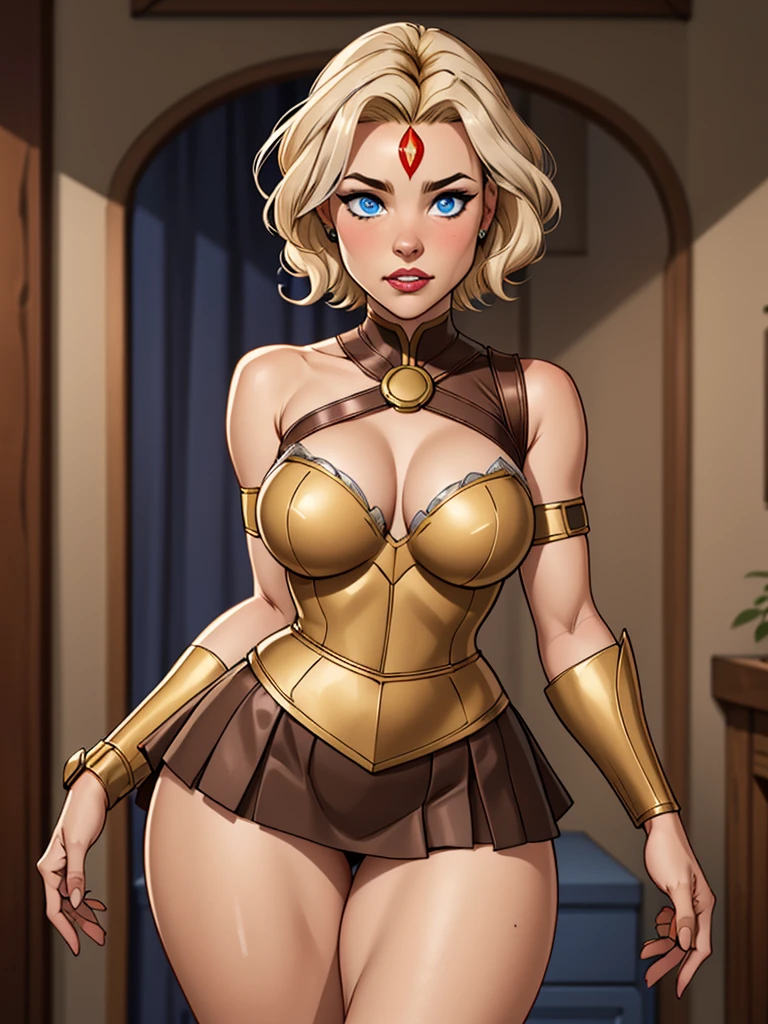 Girl with short blonde hair, blue eyes, Wearing A bodice of armor, a bodice of bronze-colored iron with a silver armband on one side of the shoulder, wearing a brown leather strip skirt, wearing a tiara on her forehead, and thick thighs, defined breasts Side position girl