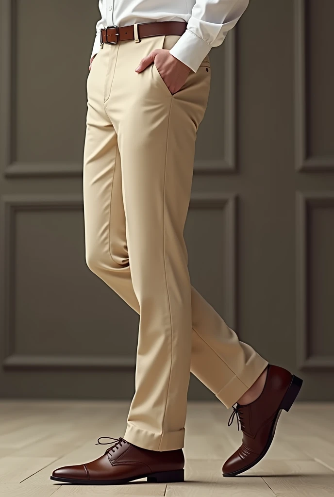 Make me a person with beige oxford pants, white shirt and brown shoes