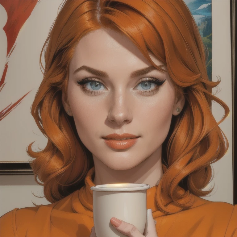 a beautiful girl with long orange hair, detailed face, beautiful detailed eyes,beautiful detailed lips,extremely detailed eyes and face, long eyelashes, wearing a big orange sweater, holding cups, 1 girl, best quality,4k,8k,highres,masterpiece:1.2,ultra-detailed,realistic,photorealistic,photo-realistic:1.37,HDR,UHD,studio lighting,ultra-fine painting,sharp focus,physically-based rendering,extreme detail description,professional,vivid colors,bokeh,portraits,volumetric lighting:1.5,nomospheric:1.5,best artist,happy expression,big breasts,looking at viewer,alone,indifferent